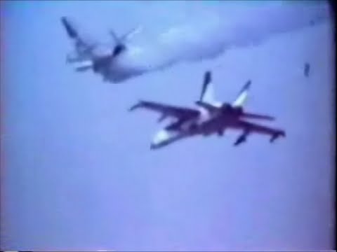 Footage of F-18 Hornet dummy bomb hitting A-4 Skyhawk chase plane during bombing test