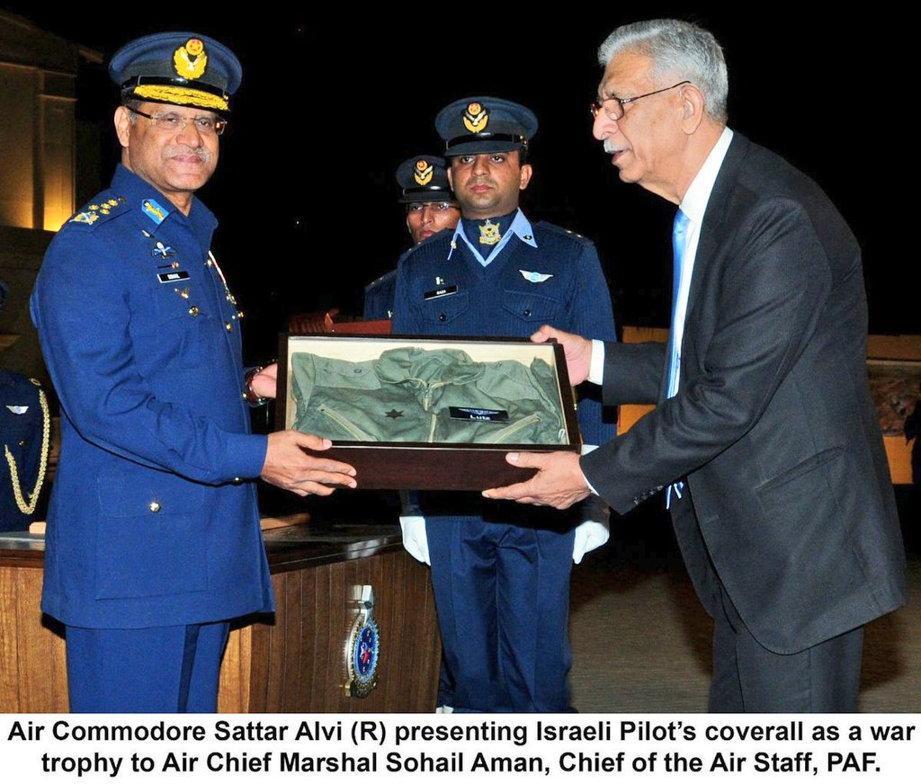 Syrian President also presented the flying coverall (suit) of the deceased Israeli pilot (Capt Lutz) to Mr Alvi which he  later  presented  to the PAF Museum  located in PAF base Faisal Karachi.