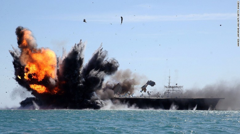 Video of Iran destroying a mock US aircraft carrier in naval drills