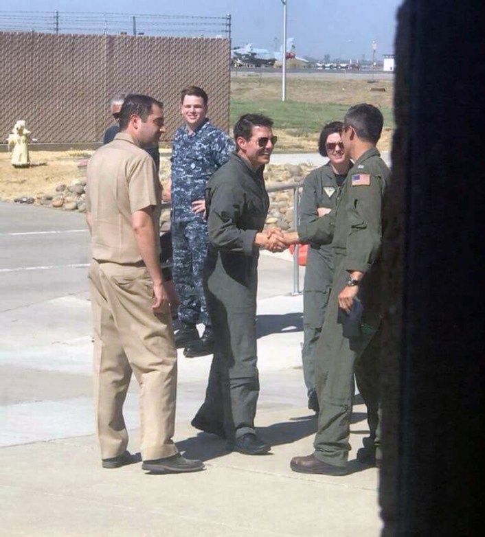 Tom Cruise as Capt. Pete “Maverick” Mitchell was spotted shaking hands at NAS Lemoore in California. (Photo: Via Facebook/Eggs, Bacon and Joey Morning Show)