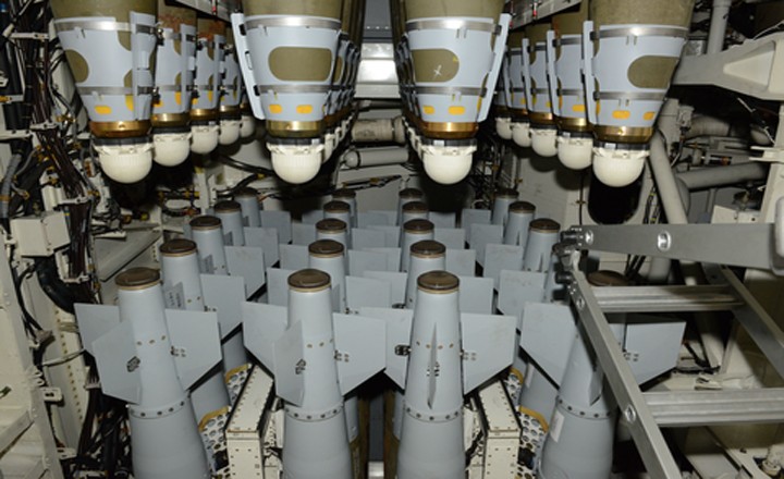 80 GBU-38 guided ammunitions inside one bay door of a B-2 before Libya mission