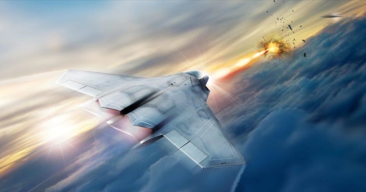 An artist's conception of a future fight jet shooting down a threat with a laser.