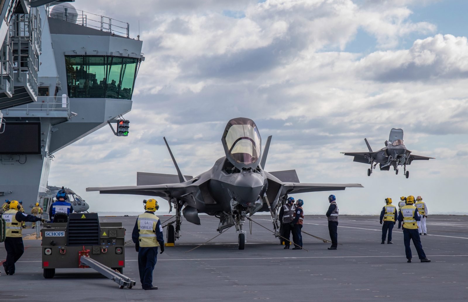 RAF new F-35B fighter jet take off and and on HMS Queen Elizabeth for first time