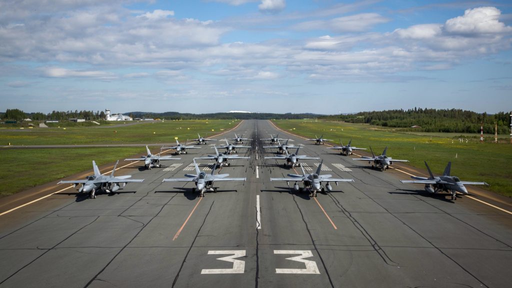 32 Finnish Air Force F-18 Hornets Performed Elephant Walk At Kuopio Air Base