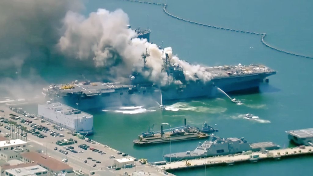 USS Bonhomme Richard On Fire At Naval Base San Diego After An Explosion, 21 Injured