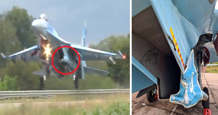 Ukrainian Air Force Sukhoi Su-27S Hits Road Sign During Highway Landing Training
