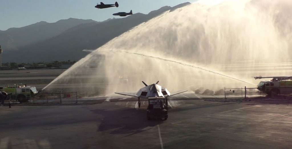 F-117 Nighthawk Stealth Jet Gets Flyby & Water Salute On Arrival At Palm Springs Air Museum