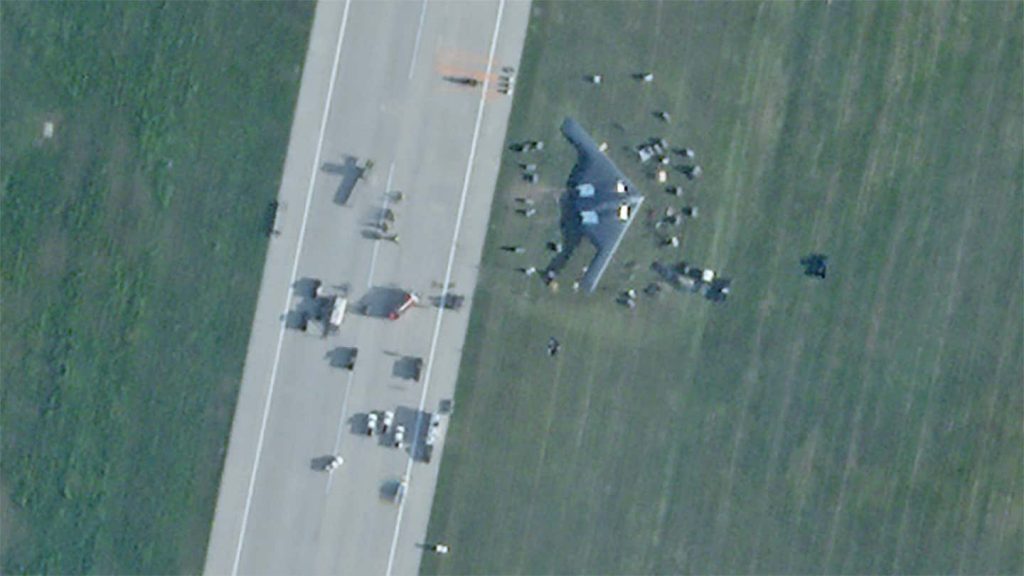 Satellite Image Shows B-2 Moved To Hangar After Skidding Off Runway